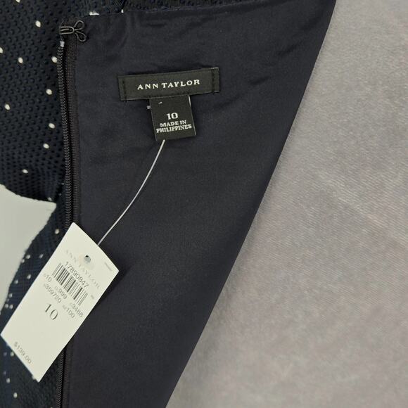 Ann Taylor Dress Womens 10 Navy Blue Polka Dot Silk Blend Lined Career New - Picture 3 of 14